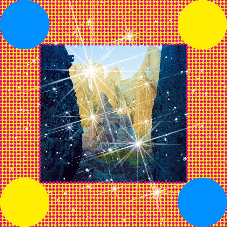 Cover von Caribous Album „Honey“: bunte, funkelnde Pop-Art-Ästhetik mit digitaler Glitzerlandschaft, gelben und blauen Kreisen vor Rasterhintergrund.