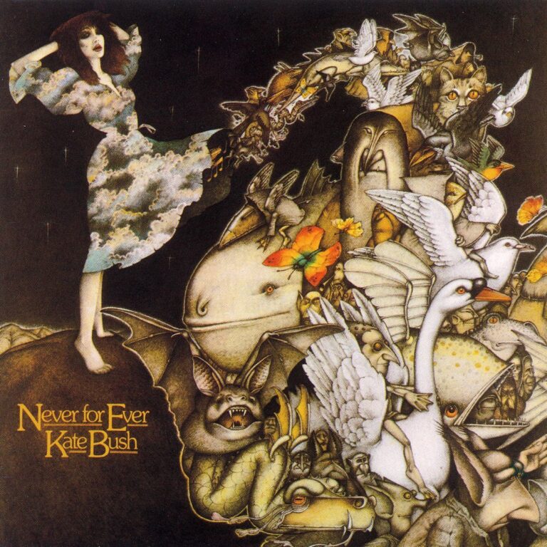 Albumcover von Kate Bushs drittem Album Never for Ever mit surrealen Tieren und einer stehenden Frau in einem Wolkenkleid.