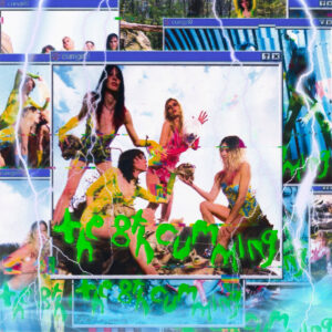 Cover des Albums „the 8th cumming“ von cumgirl8: Die Band posiert in surrealer 90er-Jahre-Webästhetik mit Glitch-Effekten, Blitzmotiven und grellen Farben.