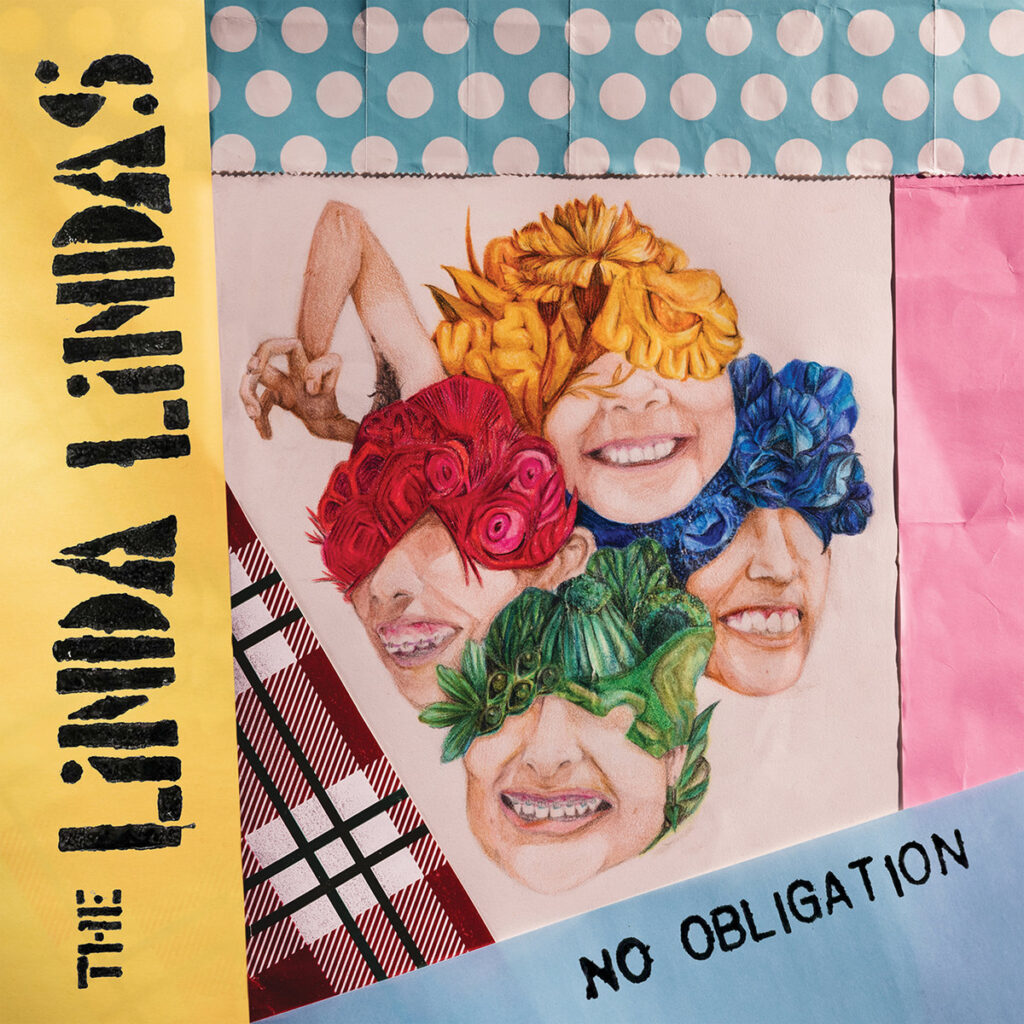 Buntes, collageartiges Albumcover mit gezeichneten Gesichtern der Bandmitglieder, deren Augen von farbigen Blüten bedeckt sind – No Obligation von The Linda Lindas.