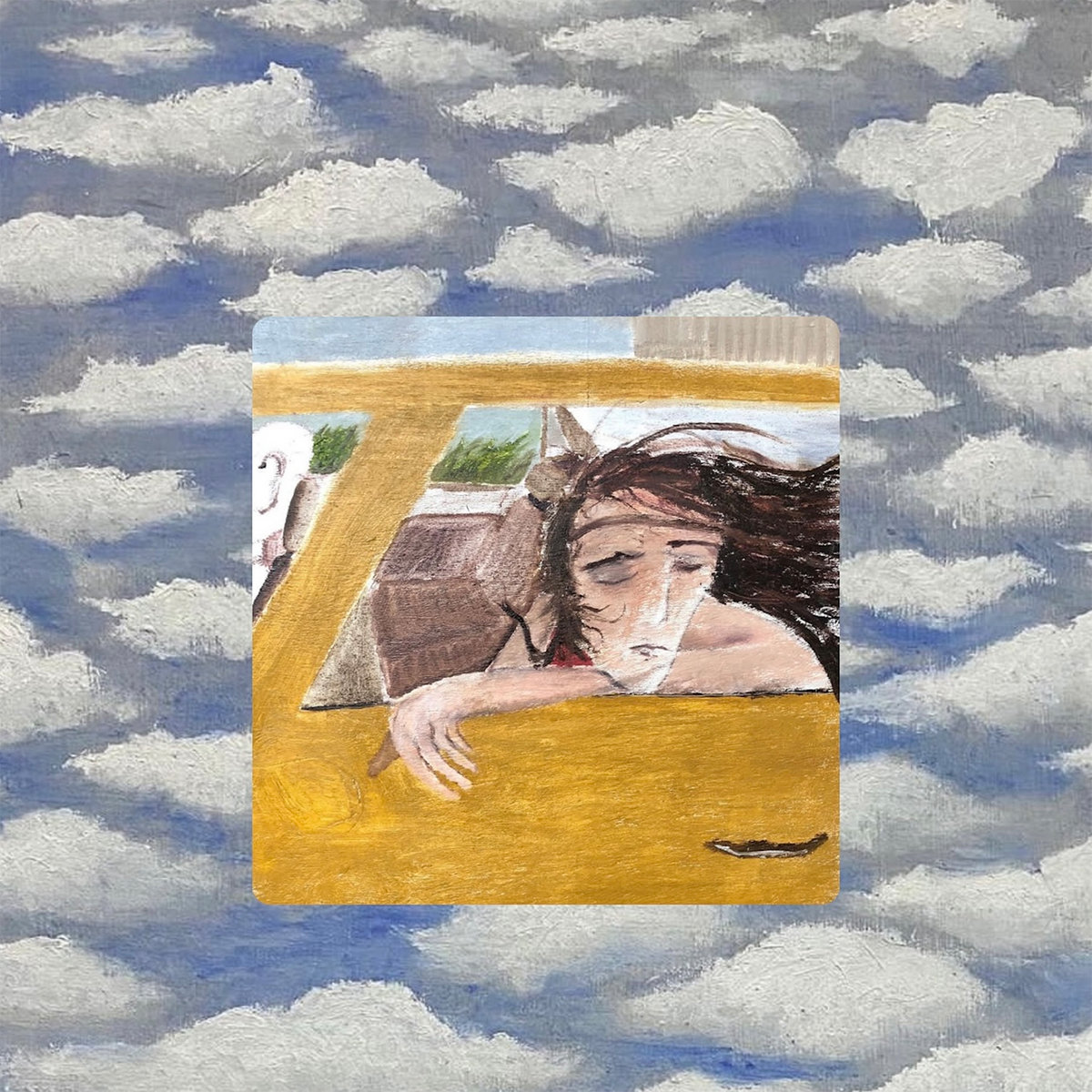 Gemaltes Cover zu Wild Pinks „Dulling The Horns“: eine erschöpfte Figur lehnt aus dem Fenster eines gelben Wagens, umgeben von surrealen Wolkenmustern.