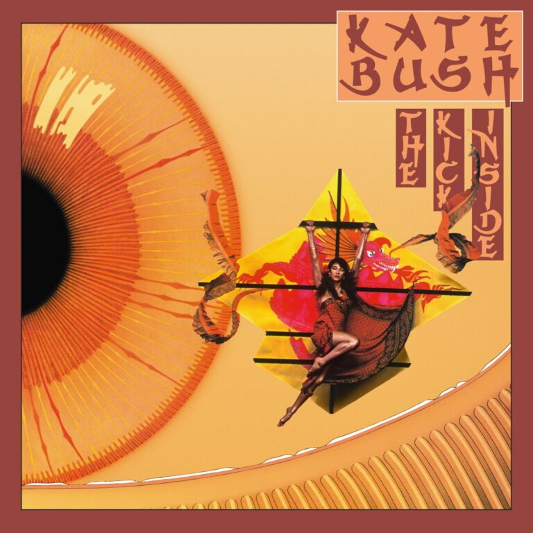 Albumcover von Kate Bushs Debütalbum The Kick Inside mit künstlerischen Elementen und der Künstlerin in auffälligem Outfit.