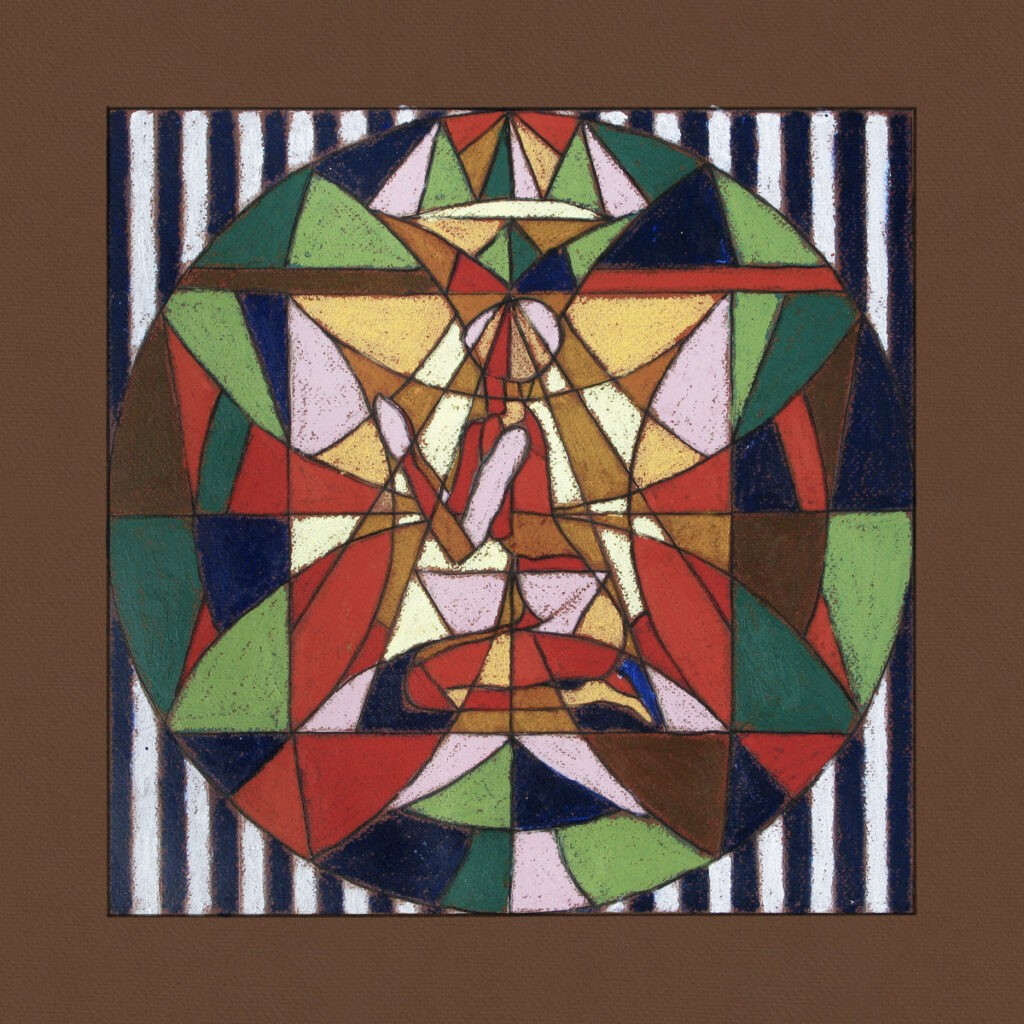 Abstrakte, geometrisch-bunte Illustration in Kreisform vor gestreiftem Hintergrund – Cover von Laura Marlings introspektivem Album Patterns in Repeat.