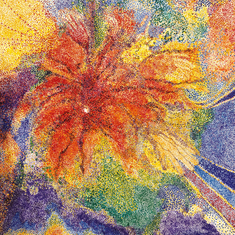 Abstrakt-psychedelisches Cover des Albums „Pomegranate“ von Tess Parks mit einer dynamischen Farbexplosion aus Rot, Gelb, Blau und Grün im Pointillismus-Stil.