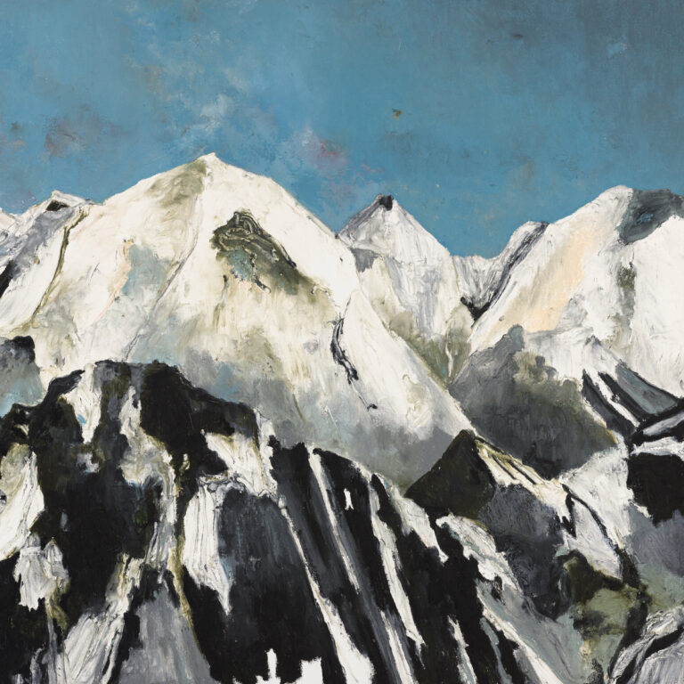 Gemäldeartiges Albumcover von Félicia Atkinsons „Space As an Instrument“ mit abstrakten schneebedeckten Berggipfeln unter klarem Himmel.