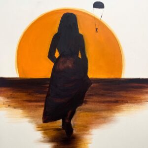 Gemälde einer Frau im langen Kleid, die einem riesigen Sonnenuntergang entgegenschreitet, während ein Fallschirmspringer durch den Himmel gleitet.