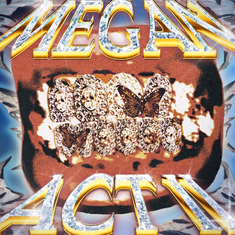 Albumcover von MEGAN: ACT II mit glänzenden Grillz, verziert mit Schmetterlingen, umgeben von funkelnder Typografie auf stilisiertem Hintergrund.
