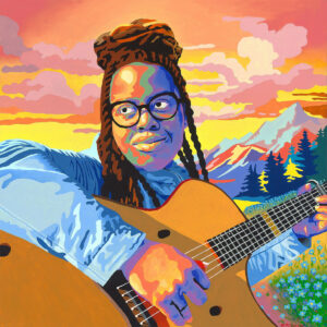 Bunt gemaltes Porträt von Yasmin Williams mit Gitarre vor Bergkulisse bei Sonnenuntergang – Cover des Albums „Acadia“.