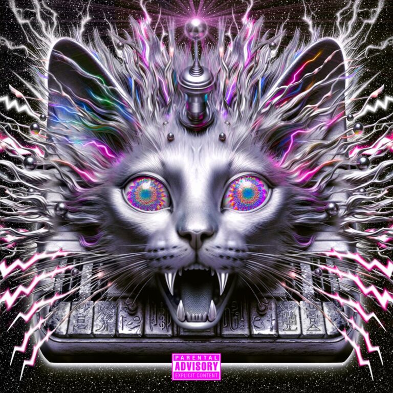 Psychedelisches Albumcover von „Groovy Steppin Shit“ mit einer silbernen, futuristischen Katze, aus deren Kopf bunte Blitze strahlen.