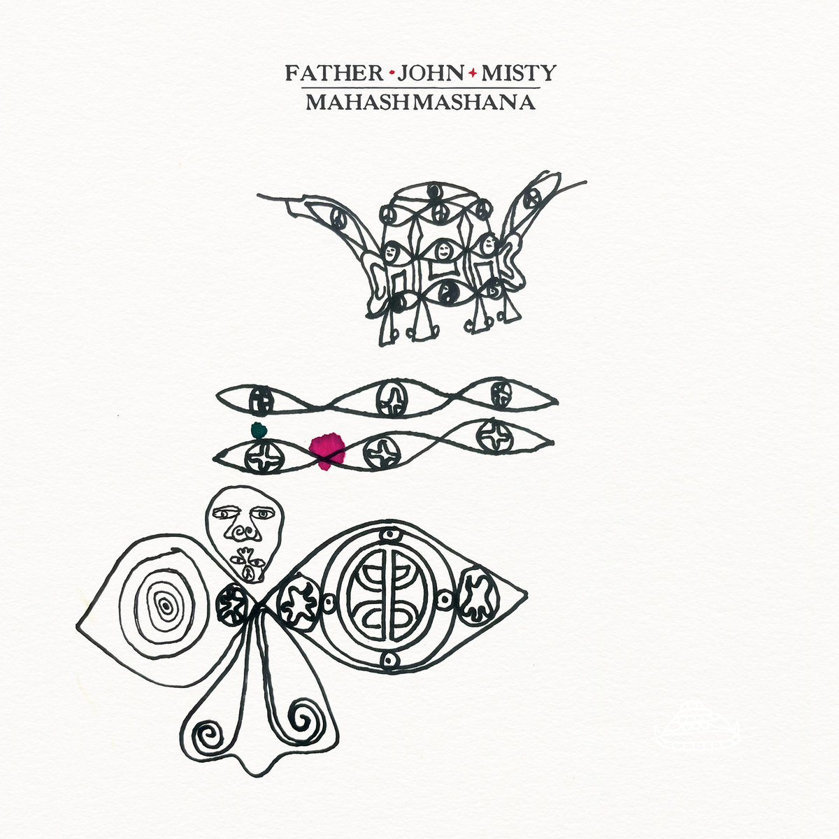 Weißes Albumcover mit handgezeichneten, mystischen Symbolen und vielen Augen – Artwork zu „Mahashmashana“ von Father John Misty.