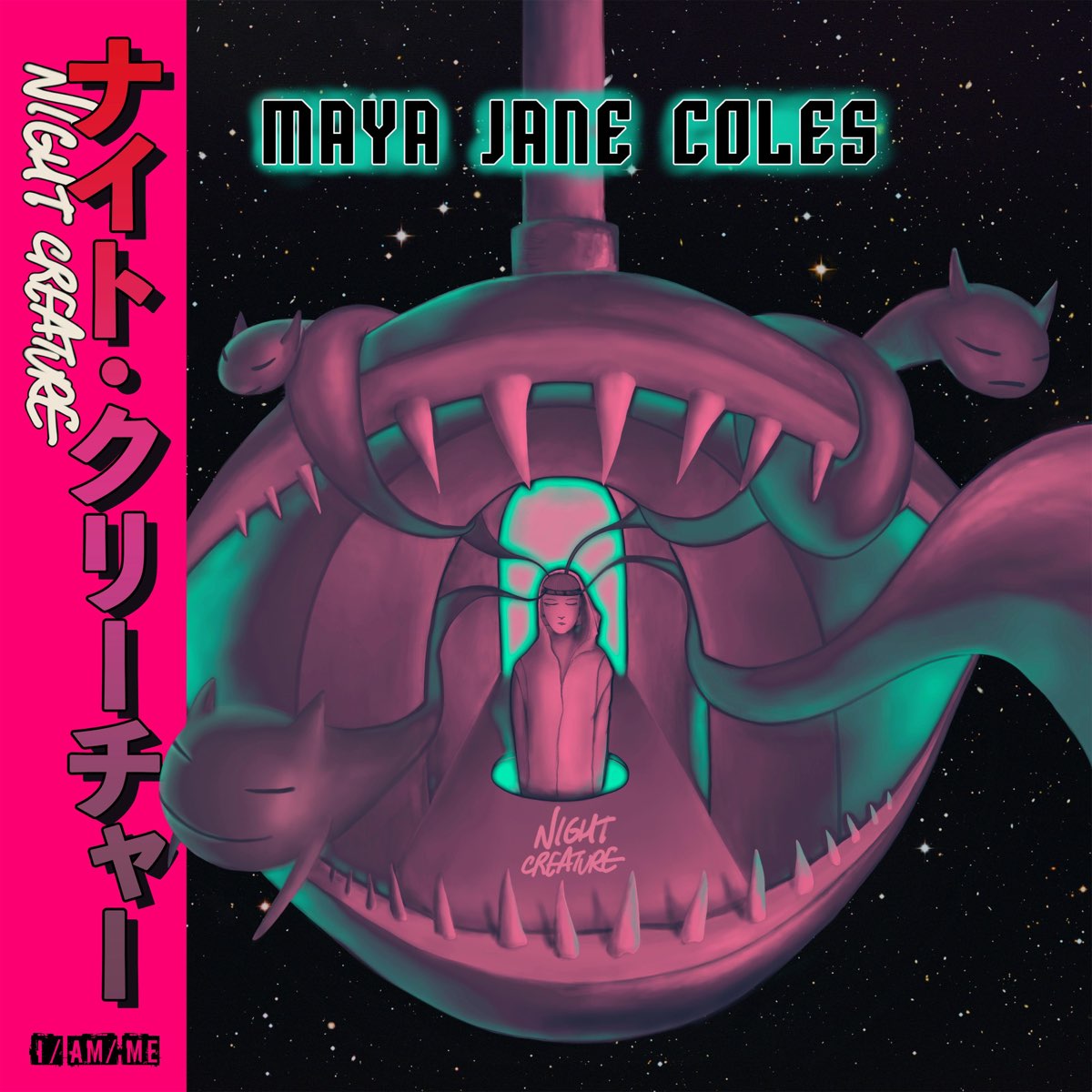 Futuristisches, pink-violettes Cover von Night Creature mit einer weiblichen Figur im Innern eines fabelartigen Wesens, das im All schwebt – Maya Jane Coles.