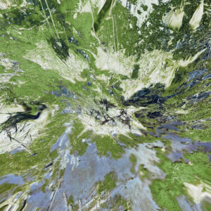 Abstraktes, fließendes Cover von Strange Meridians mit grünlich-weißen Texturen und verzerrter Landschaftsperspektive – Artwork von upsammy.