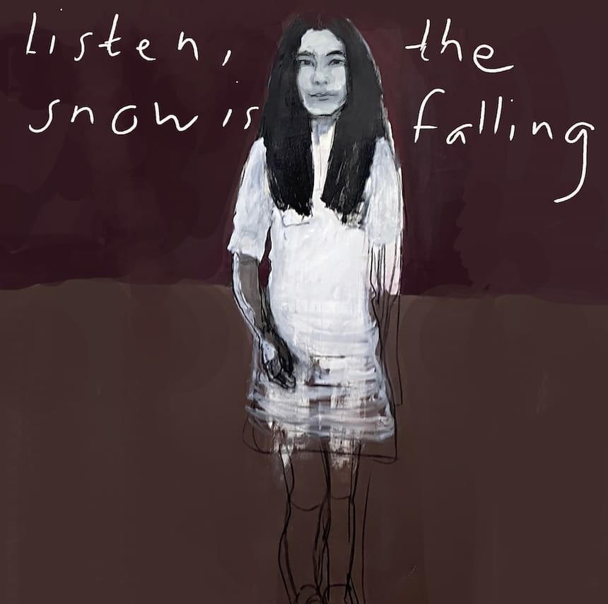 Cover von Gina Birchs Single „Listen, the Snow is Falling“: gezeichnete Figur vor braunem Hintergrund mit handgeschriebenem Songtitel oben links.