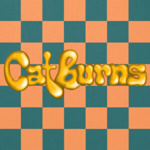 Grafisches Cover zur Single Teenage Dirtbag von Cat Burns mit flüssig wirkender goldener Schrift auf orange-türkis kariertem Hintergrund.