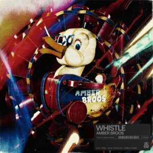 Verspieltes Artwork mit Entenfigur im Retro-Fahrgeschäft – Cover der Techno-Single „Whistle“ von Amber Broos, mit futuristischen Lichtakzenten.