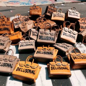 Cover der Single DELUSIONAL von Kesha mit zahlreichen Hermès-inspirierten Taschen, auf denen fett „DELUSIONAL“ steht – surrealer Pop-Art-Look.
