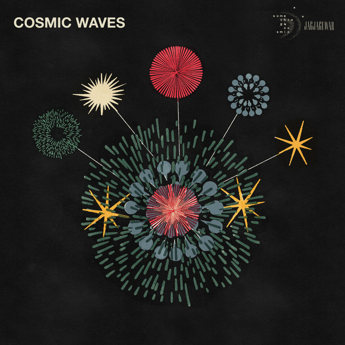 Illustratives Cover von Cosmic Waves Volume 1 mit stilisierten Feuerwerkskörpern auf schwarzem Hintergrund – herausgegeben von Angel Olsen auf Somethingscosmic.