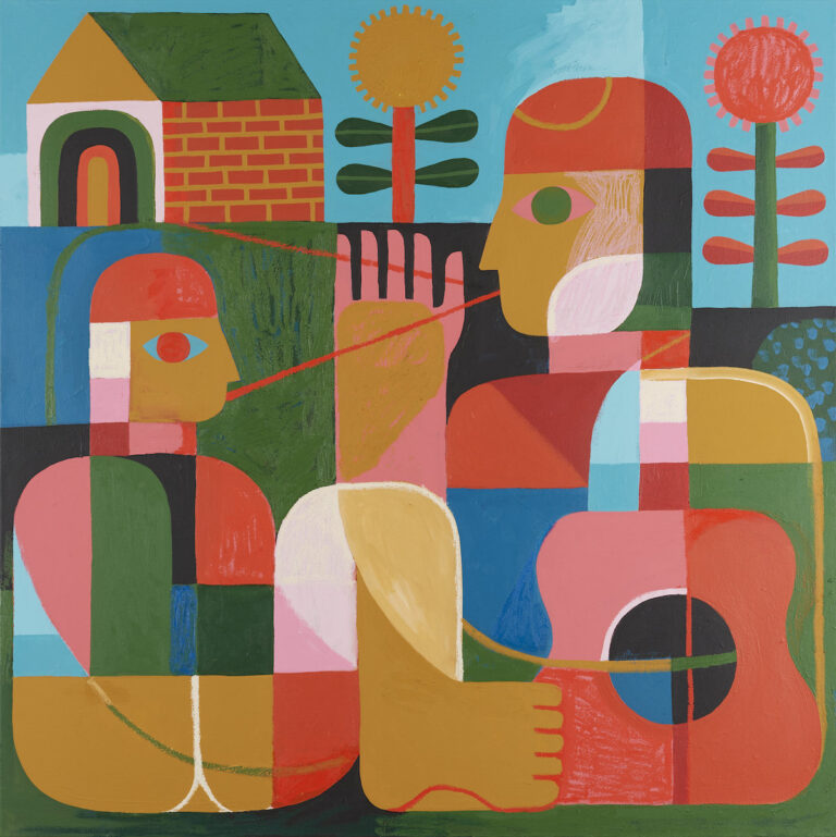 Abstrakte, geometrische Darstellung zweier stilisierter Figuren im Dialog, mit Gitarre, Haus und stilisierten Pflanzen – Artwork zu WHITE DENIMs Album „12“.