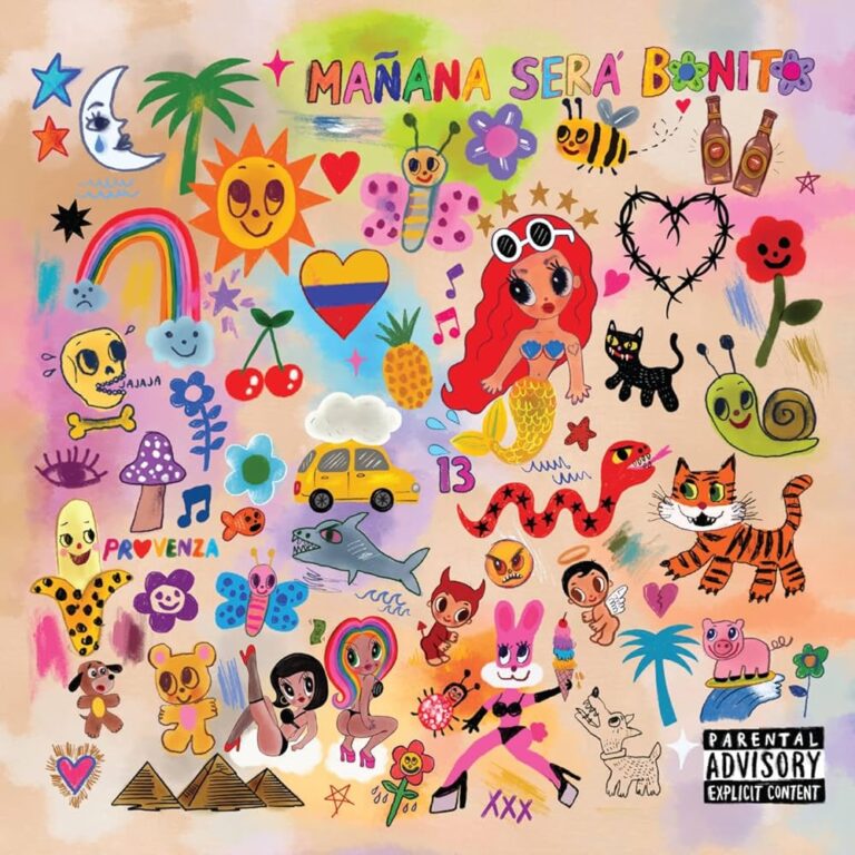 Buntes, mit kindlichen Illustrationen übersätes Albumcover von Karol Gs „Mañana Será Bonito“, mit Herzen, Tieren, Sonnen, Blumen und Regenbögen.
