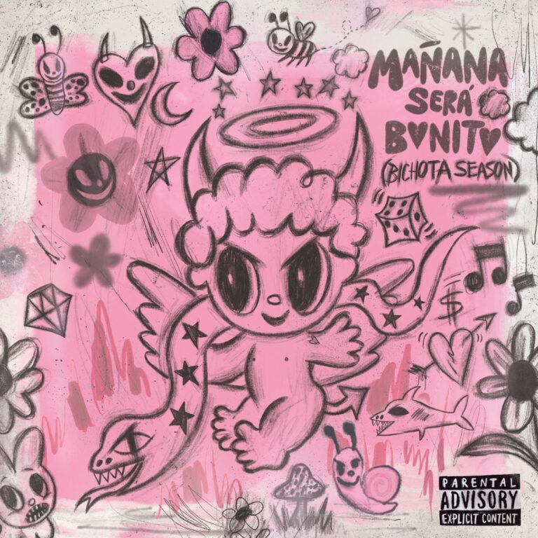 Verspieltes pinkes Albumcover von Karol Gs „Mañana Será Bonito (Bichota Season)“ mit teuflischem Engel und Kritzeleien im Comic-Stil.