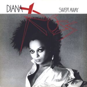 Diana Ross posiert in einem glänzenden Outfit auf dem Cover ihres Albums Swept Away.