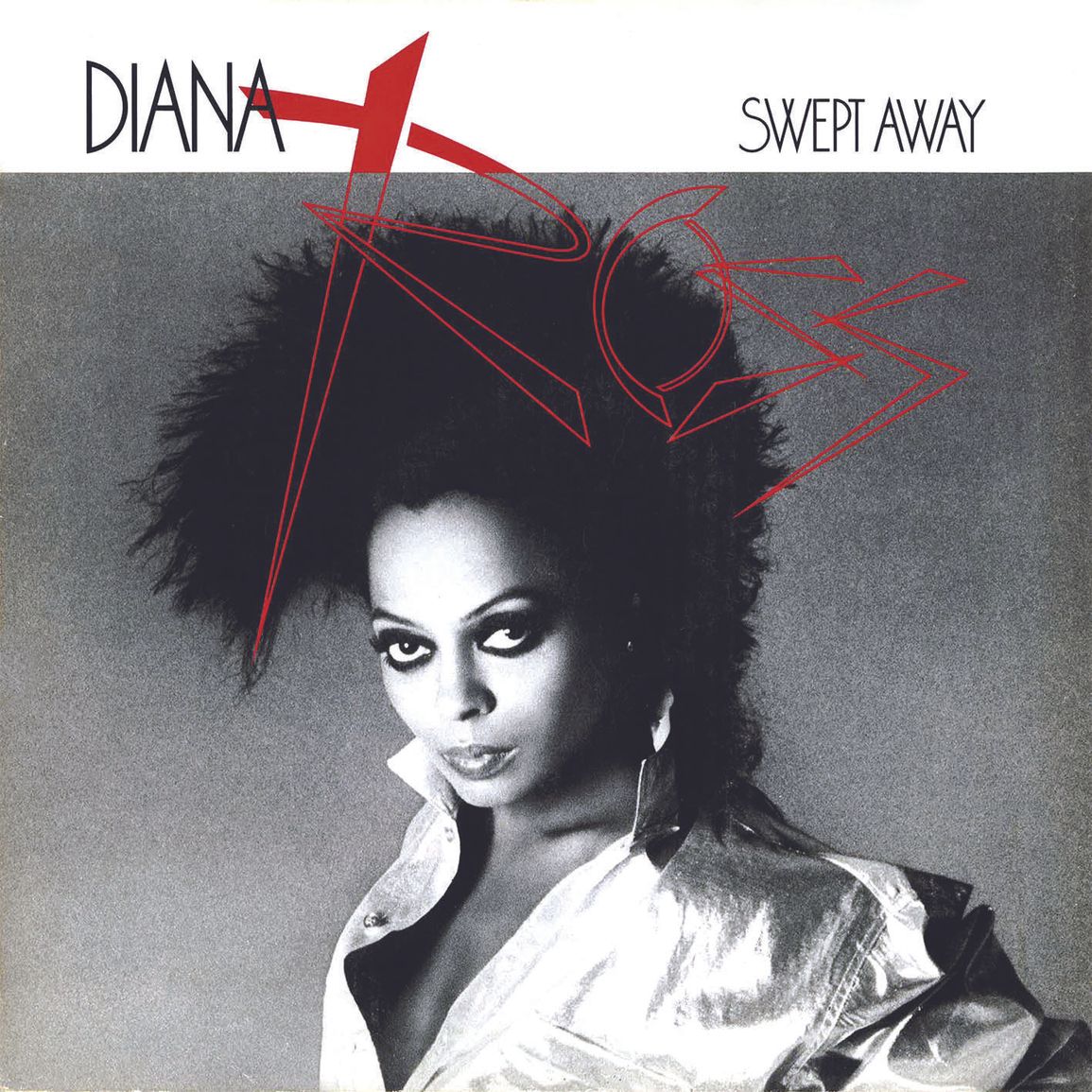Diana Ross posiert in einem glänzenden Outfit auf dem Cover ihres Albums Swept Away.