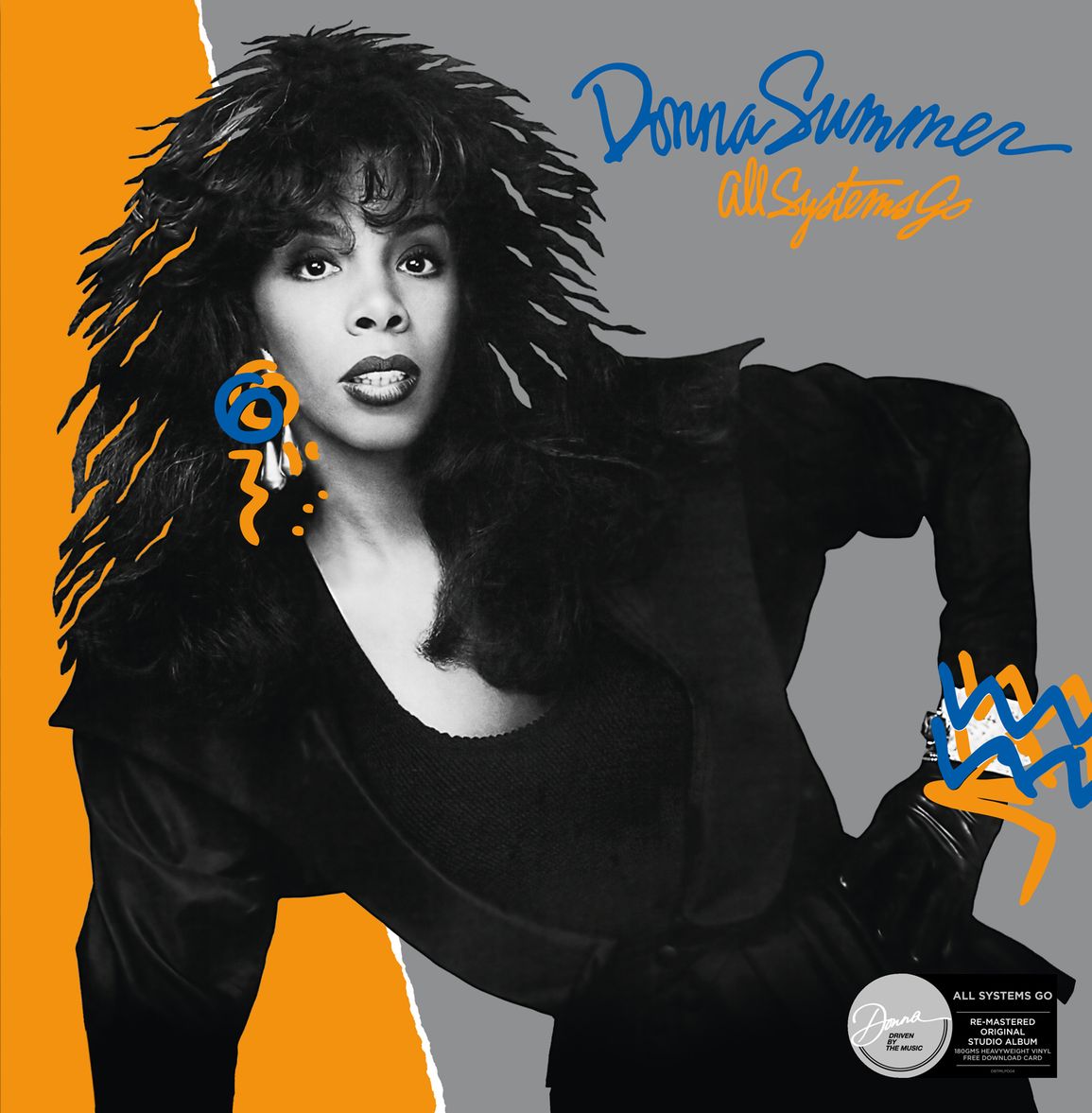 Albumcover von Donna Summer mit künstlerischem Design und ihrem Porträt in Schwarz-Weiß.
