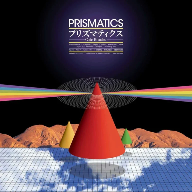 Futuristisches Cover von Prismatics mit bunten Prismenstrahlen, geometrischen Kegeln und retro-elektronischer Ästhetik im Stil der 80er Jahre.
