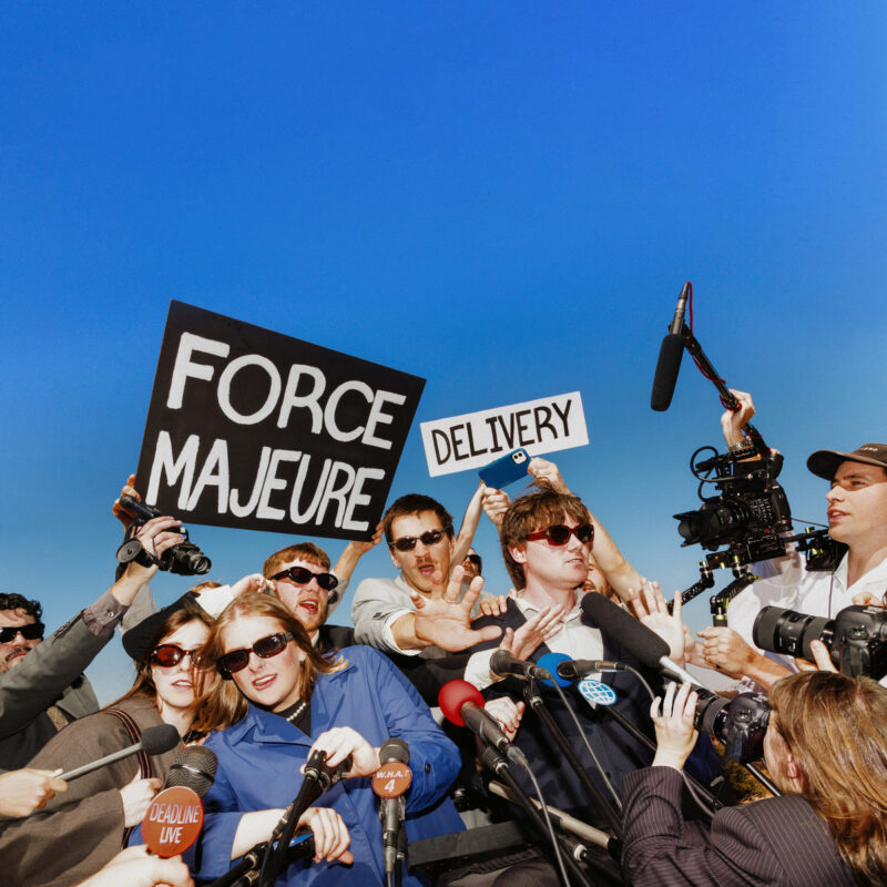 Eine Menschenmenge mit Mikrofonen und Kameras stürmt auf eine Band zu; Plakate mit „Force Majeure“ und „Delivery“ ragen hervor – ein chaotisches, medienkritisches Cover mit starkem Popkulturbezug.