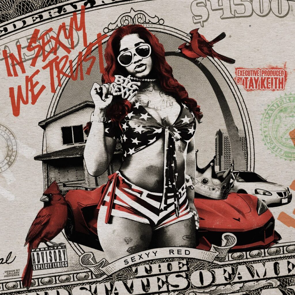 Cover von „In Sexyy We Trust“: Sexyy Red im USA-Bikini vor Dollar-Collage mit Autos, Vögeln und Hip-Hop-Symbolen – provokant und plakativ.