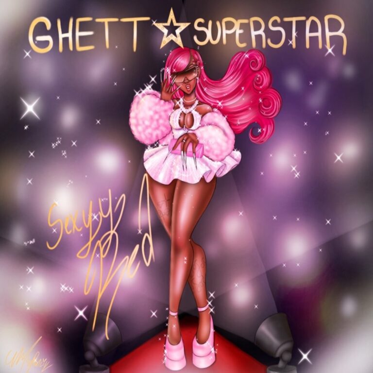 Comic-artiges Cover zu „Ghetto Superstar“ von Sexyy Red – eine pinkhaarige Figur mit High Heels und Glamour-Posing auf rotem Teppich, umgeben von Sternen und Glitzer.