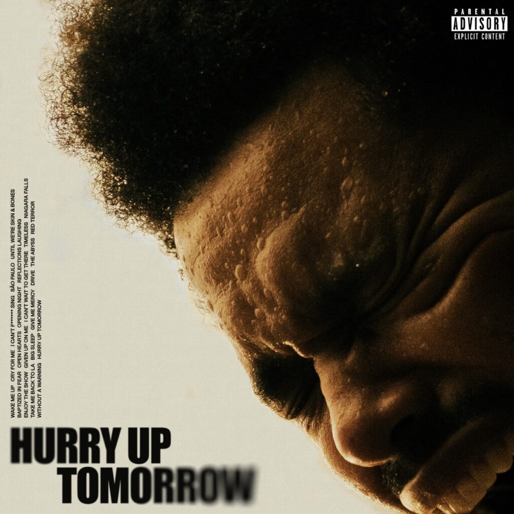 Das Cover zeigt ein verschwitztes Close-up von The Weeknds angespanntem Gesicht, in dramatischem Licht – ein Sinnbild für emotionale Intensität und innere Zerrissenheit.