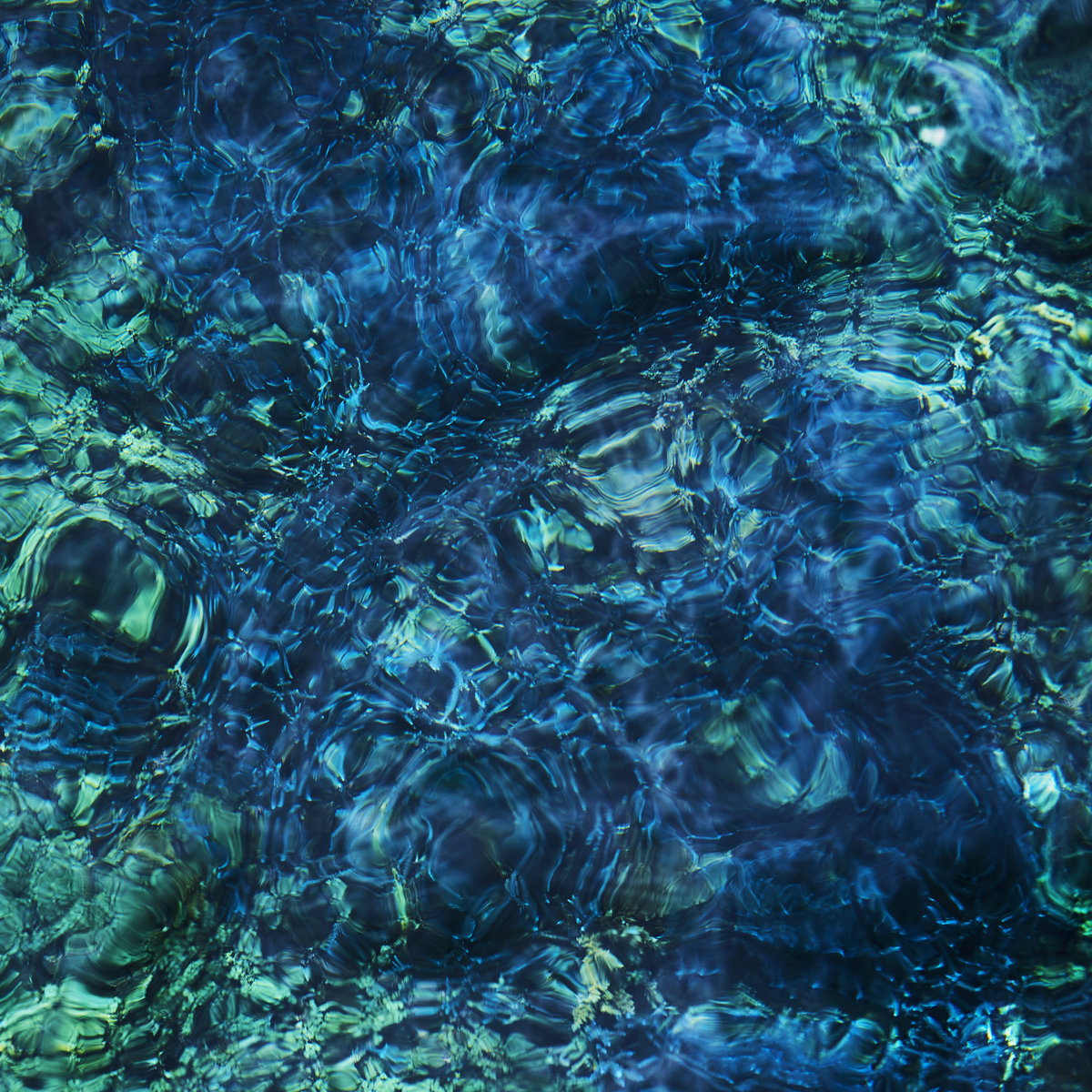 Abstrakte Wasseroberfläche in schimmernden Blau- und Grüntönen – symbolisiert die träumerische, fließende Klangwelt von Ichiko Aobas Album „Luminescent Creatures“.