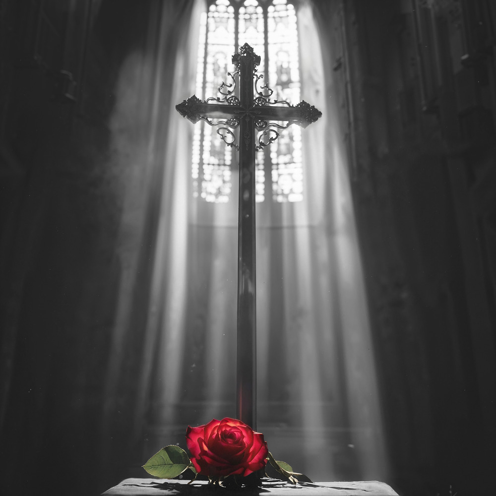 Symbolisches Cover zu Ava Max' „Lost Your Faith“: eine rote Rose auf einem Altar, durchstrahlt von Licht vor einem gotischen Kreuzfenster – Hoffnung und Trauer vereint.