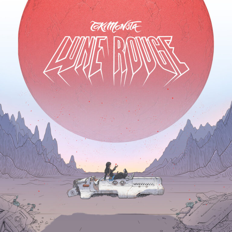 Illustration einer Person in einem futuristischen Fahrzeug vor einer großen roten Kugel in einer Berglandschaft.