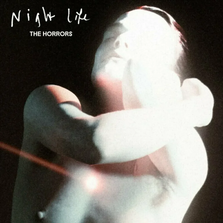 Albumcover von The Horrors „Night Life“: verschwommenes, überbelichtetes Porträt einer umschlungenen Figur im grellen Lichtschein mit dunklem Hintergrund.