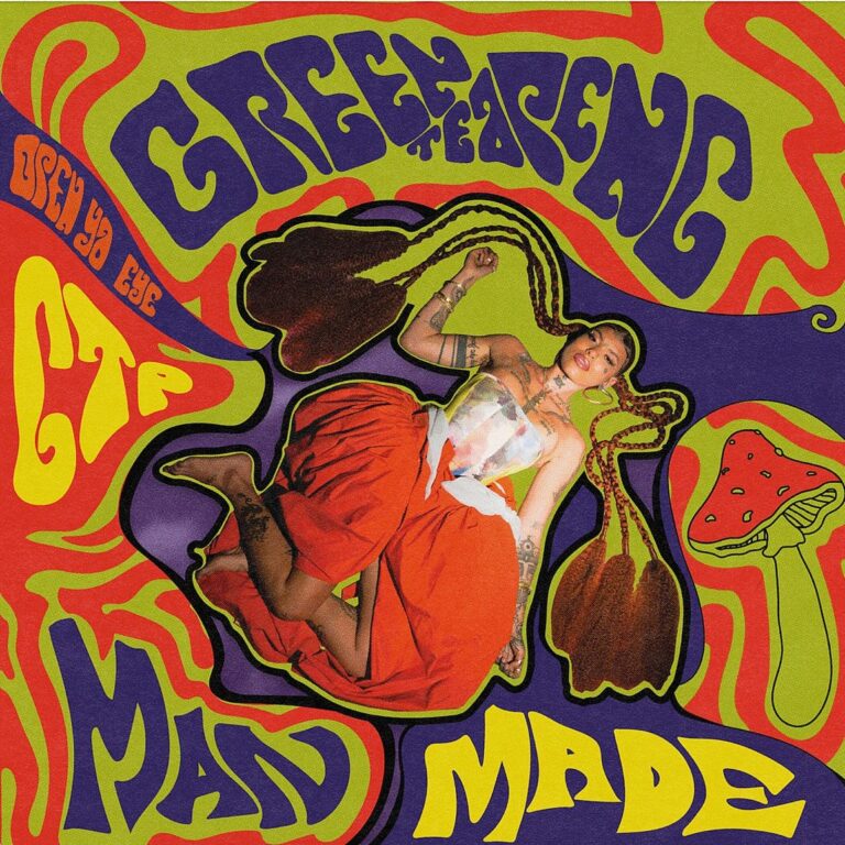 Psychedelisches Albumcover in Grün, Orange und Lila mit Greentea Peng in dynamischer Pose, umgeben von Pilzen und verspielter Typografie.