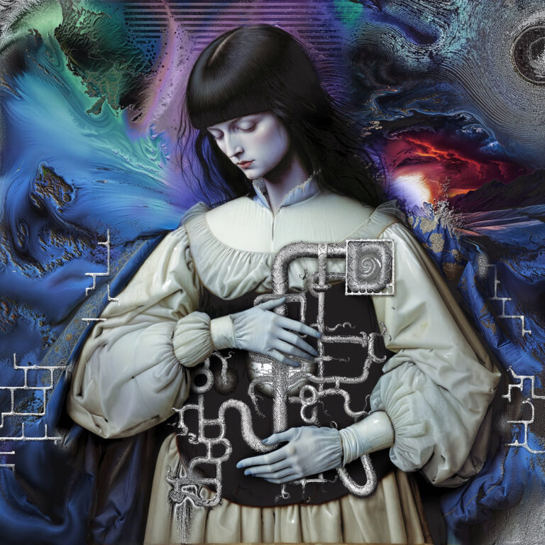 Albumcover mit surrealem Porträt einer jungen Frau in viktorianischer Kleidung, die ein metallisches, labyrinthartiges Rohrsystem umklammert; im Hintergrund abstrakte blaue und rote Landschaften.