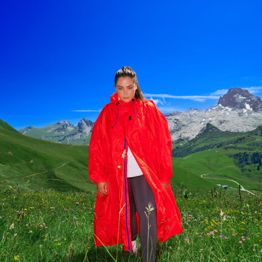 Eine Frau in einem leuchtend roten Mantel steht auf einer blühenden Bergwiese vor einer dramatischen Alpenkulisse mit schneebedeckten Gipfeln und strahlend blauem Himmel.