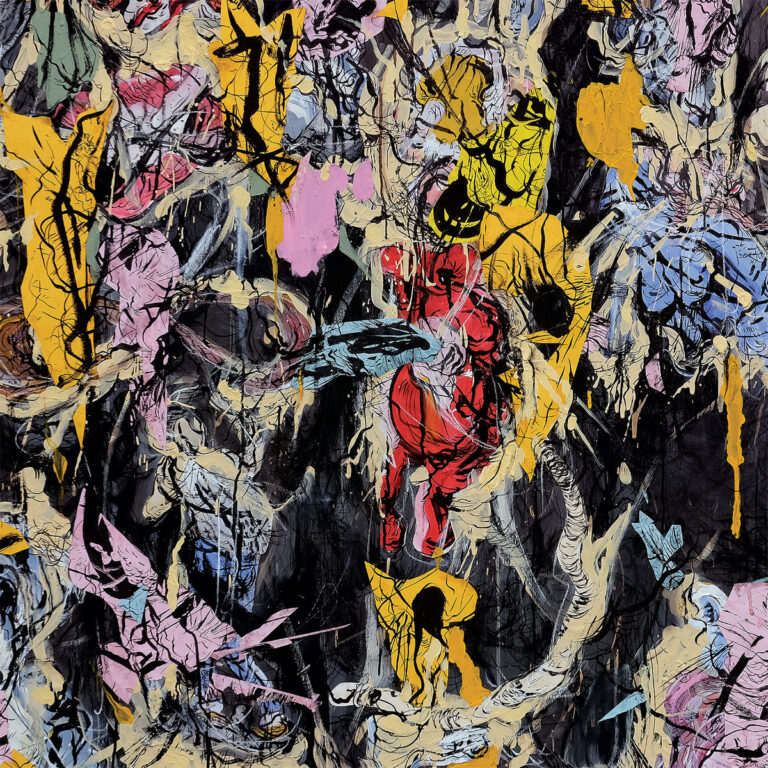Das Cover von The Film zeigt ein chaotisch-dichtes Geflecht aus abstrakten Linien, verzerrten Figuren und grellen Farben – ein visuelles Spiegelbild des experimentellen Klangs des Albums: intensiv, aufgeladen und emotional überwältigend.