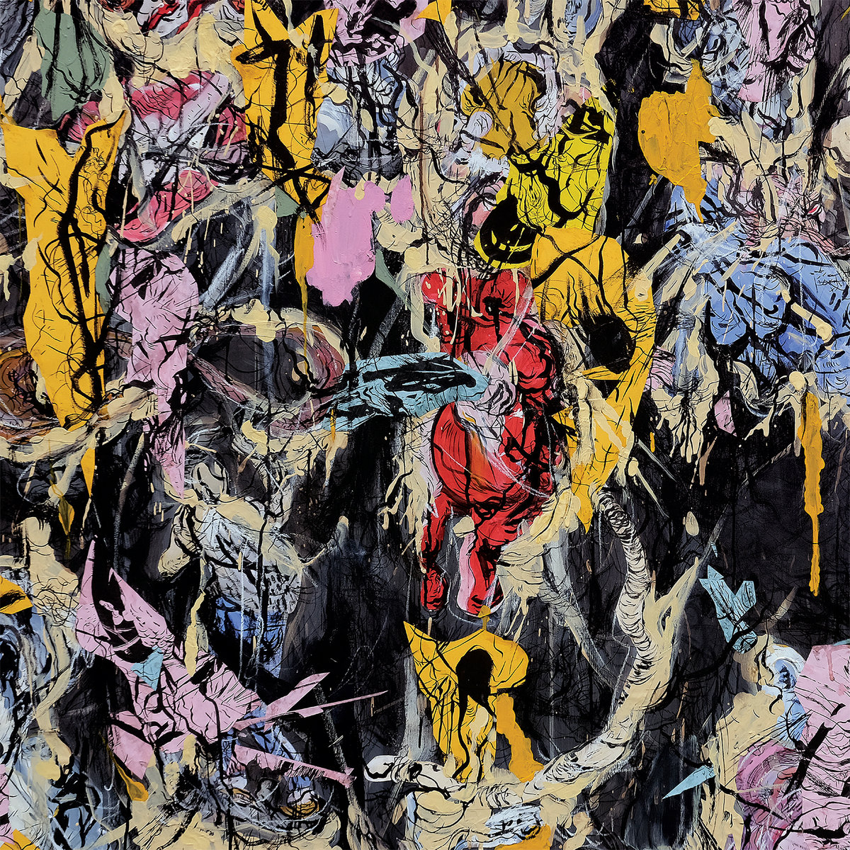 Das Cover von The Film zeigt ein chaotisch-dichtes Geflecht aus abstrakten Linien, verzerrten Figuren und grellen Farben – ein visuelles Spiegelbild des experimentellen Klangs des Albums: intensiv, aufgeladen und emotional überwältigend.