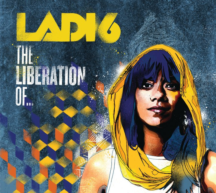 Cover des Albums The Liberation Of... von Ladi6 – stilisierte Darstellung der Künstlerin mit gelbem Kapuzenschal vor abstrakten Mustern.