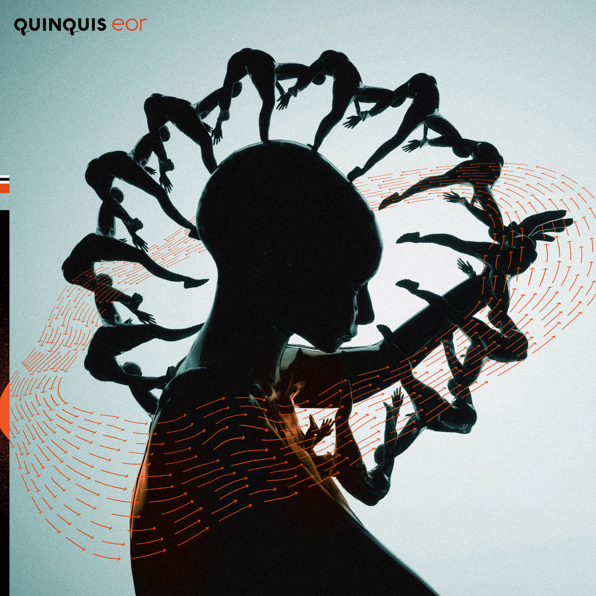 Abstraktes Cover von QUINQUIS' Album „eor“ mit Silhouette und spiralförmig angeordneten Figuren, visuelle Metapher für Bewegung und Klang.
