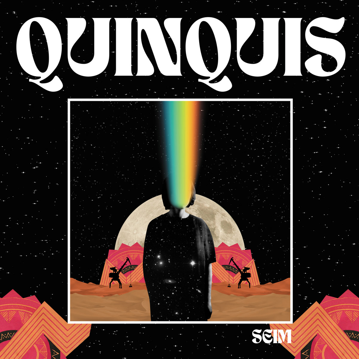 Collage-Cover zu QUINQUIS' Album SEIM mit Regenbogenstrahl und Sternenhintergrund – psychedelisch, symbolisch, entrückt