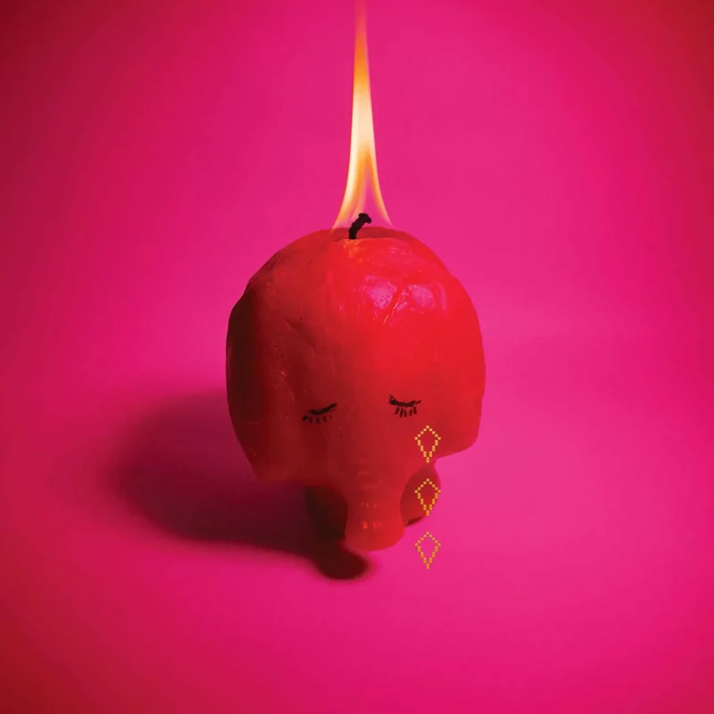 Ein rosa Elefantenkopf in Kerzenform mit geschlossenen Augen und brennender Flamme vor pinkem Hintergrund – Cover des Arcade-Fire-Albums Pink Elephant.