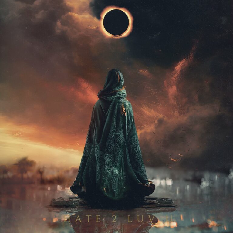 Albumcover „HATE 2 LUV U“ von AViVA: Eine Figur in dunklem Gewand sitzt vor einem apokalyptischen Himmel unter einer schwarzen Sonne.