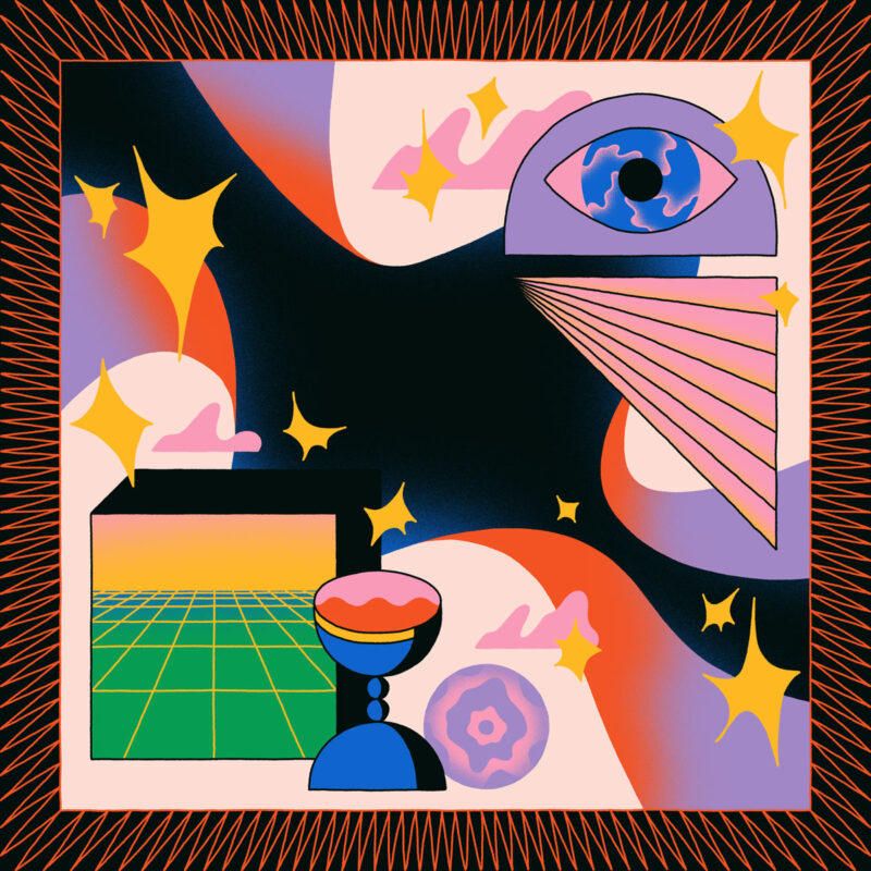 Psychedelisch-futuristisches Artwork mit Rasterlandschaft, Kelch, Sternen und allsehendem Auge – farbenstark und symbolisch für Erkenntnis, Energie und Transformation.