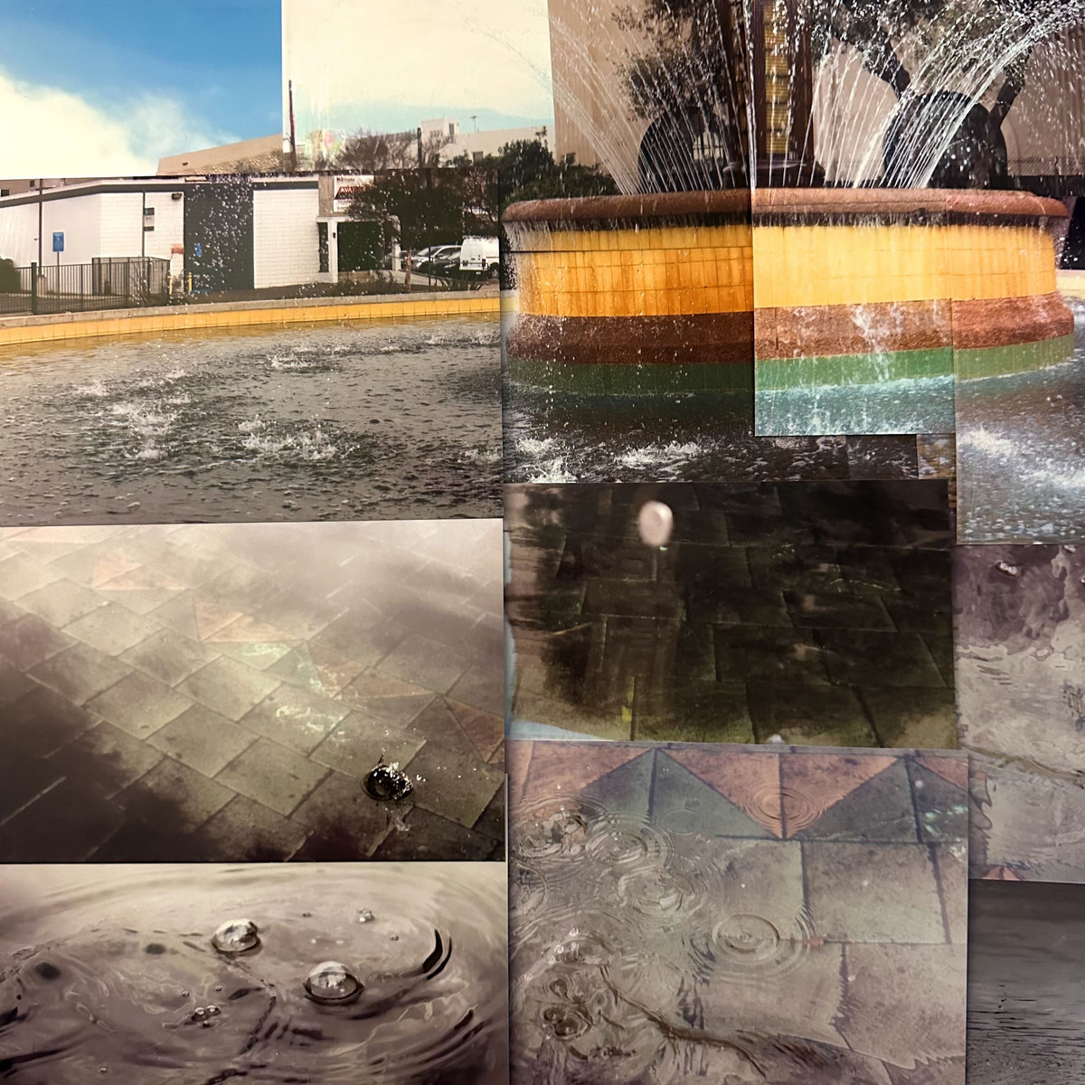Collagenartiges Cover der EP Nickel on the Fountain Floor mit Regentropfen, Pflastersteinen und einem mehrfarbigen Brunnenrand in Nahaufnahme