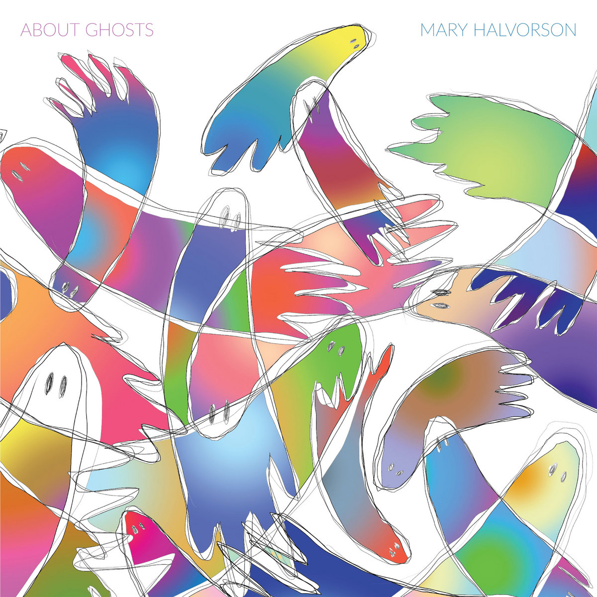 Abstrakte, geisterhafte Farbfiguren in fließenden Regenbogenverläufen zieren das Albumcover von „About Ghosts“ von Mary Halvorson