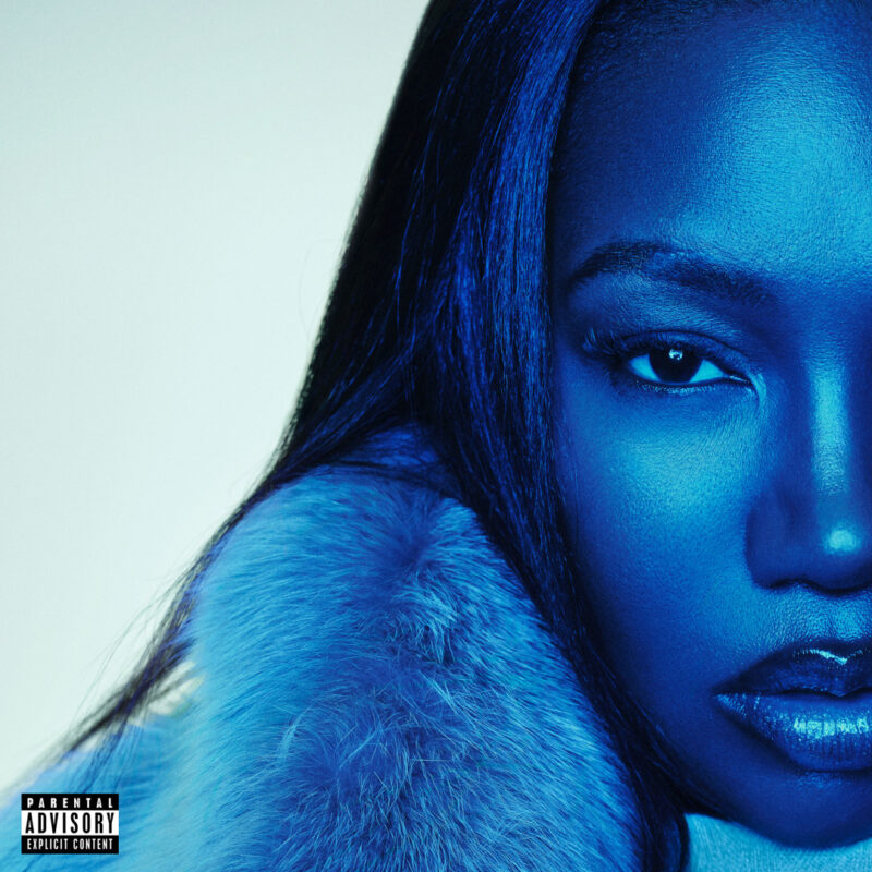 Albumcover von Leikeli47s „For Promotional Use Only“, Nahaufnahme in Mitternachtsblau mit pelzbesetztem Mantel